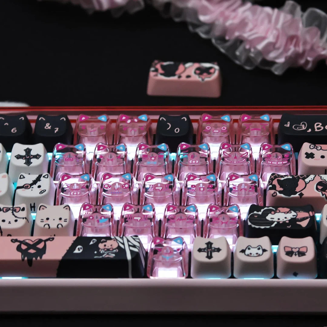"Dark Charm Kitty" PBT & PC Hybrid MAO Profile Keycap Set