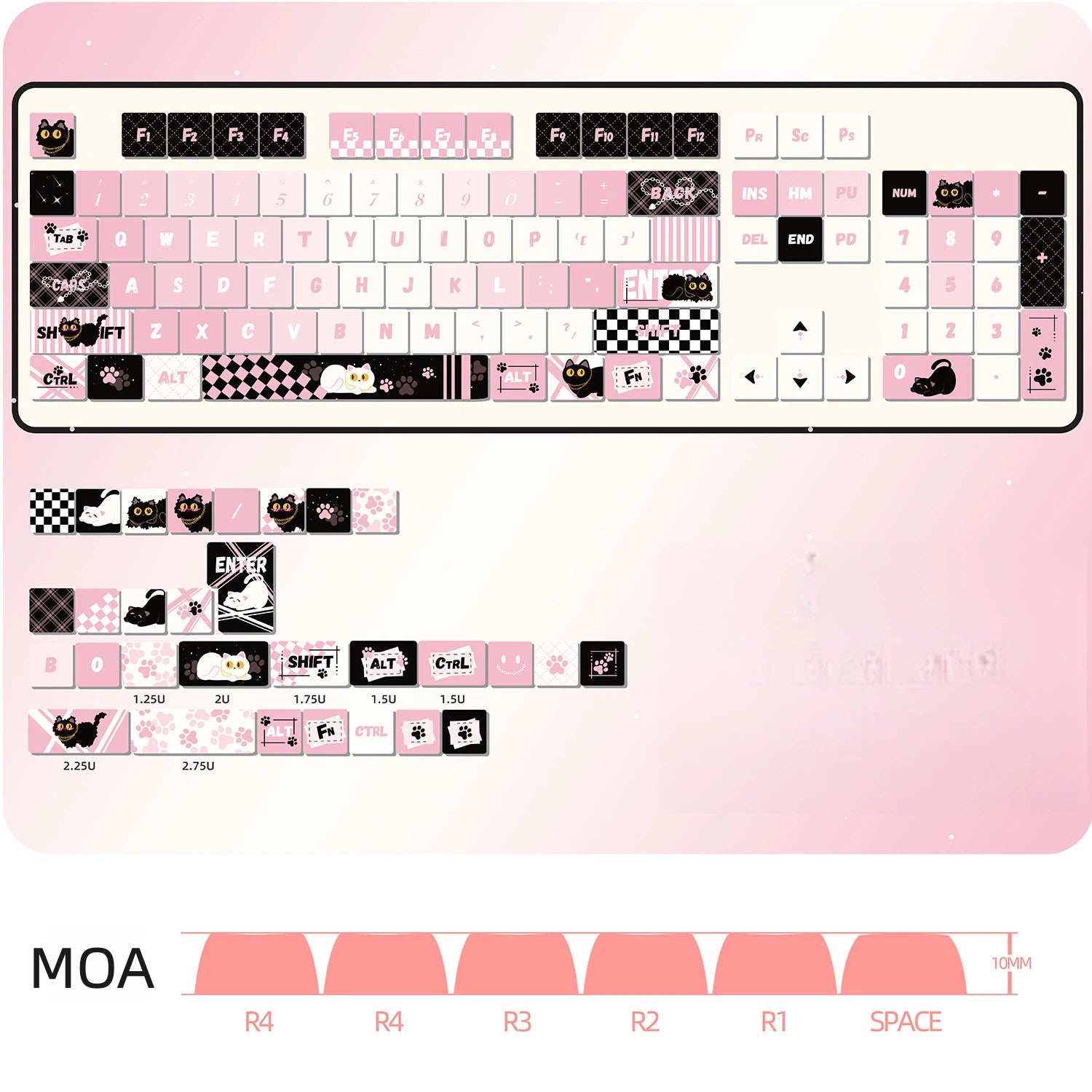 "Dark Charm Kitty" Sweet-Cool Pink & Black MOA Profile PBT Keycap Set