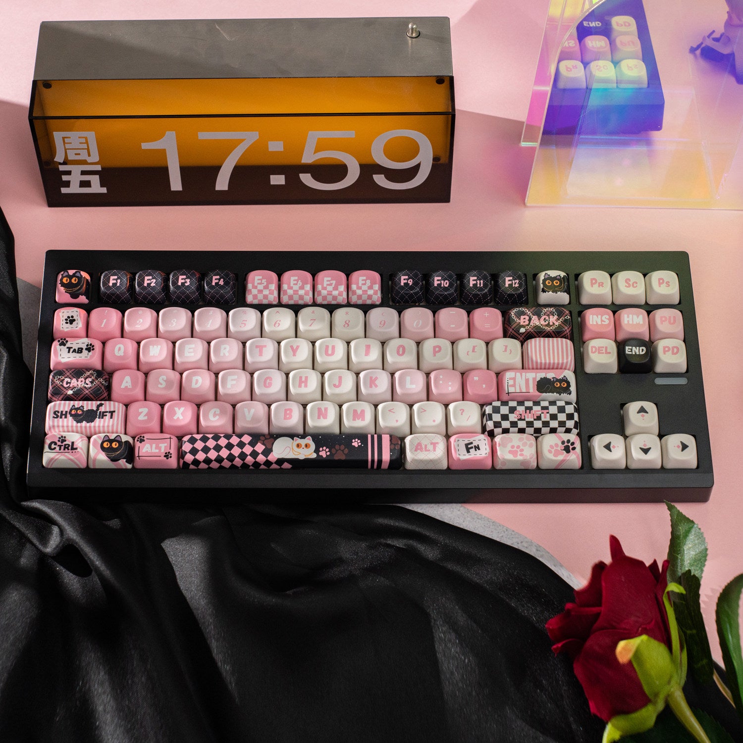 "Dark Charm Kitty" Sweet-Cool Pink & Black MOA Profile PBT Keycap Set