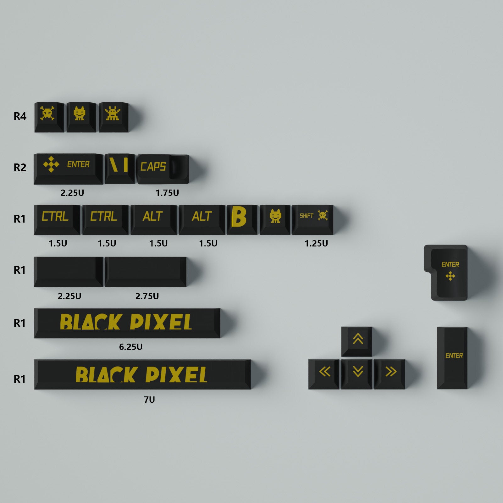 "BLACK PIXEL" Black & Yellow Cherry Profile PBT Dye-Sub Keycap Set